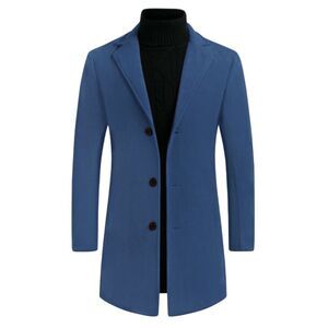Trench Coat Winter Notched Lapel Single Breasted Long Overcoat Dark Blue